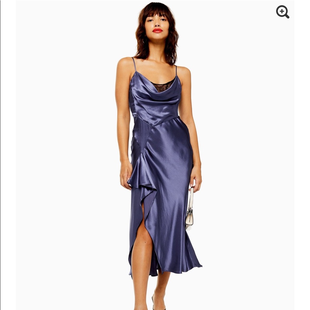 Navy lace back satin slip dress